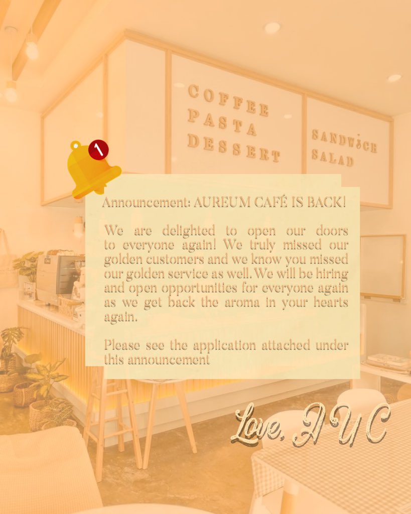 AUREUM CAFÈ IS HIRING!! 

Please take your time to read the following