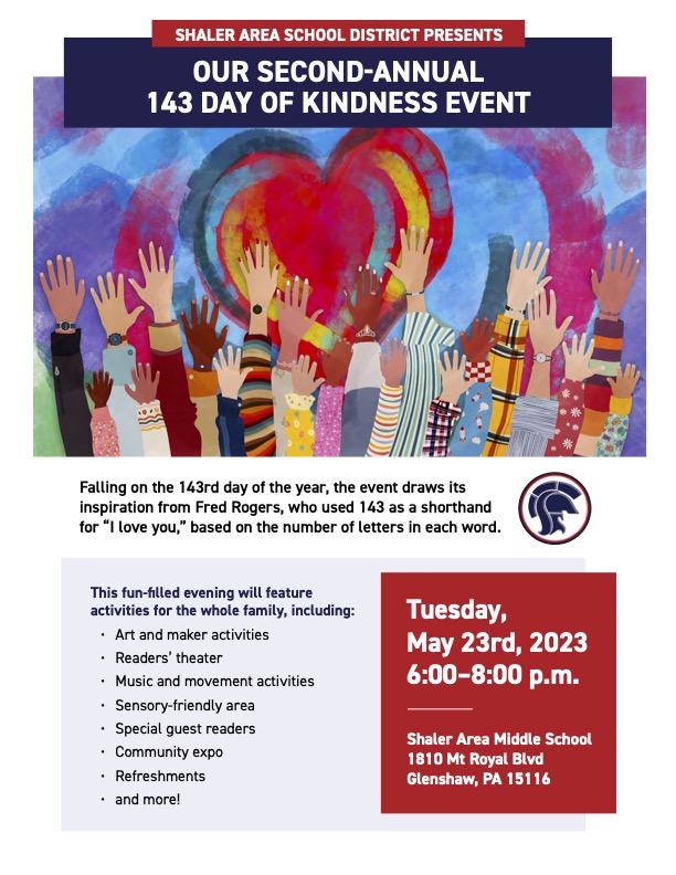 ShalerArea's tweet photo. Excitement is building for 143 Day of Kindness on May 23rd. We can’t wait to see you there!

https://t.co/2N9qSQVojy

#WeAreSA #TitanPride https://t.co/ydPXtqpJFk