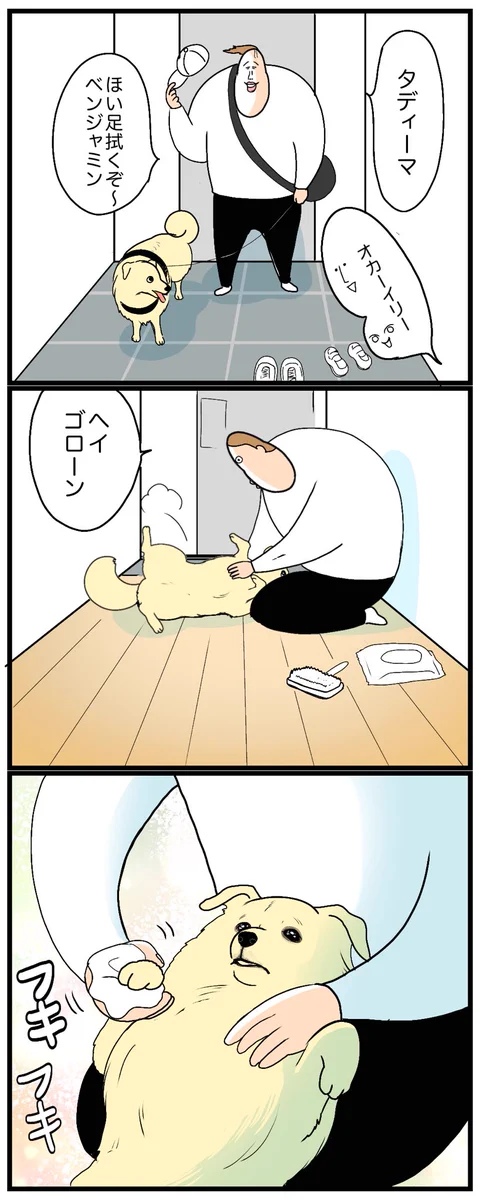 心地よさそうな表情が可愛い！帰宅後の足拭きタイム中の様子を描いた「犬漫画」！