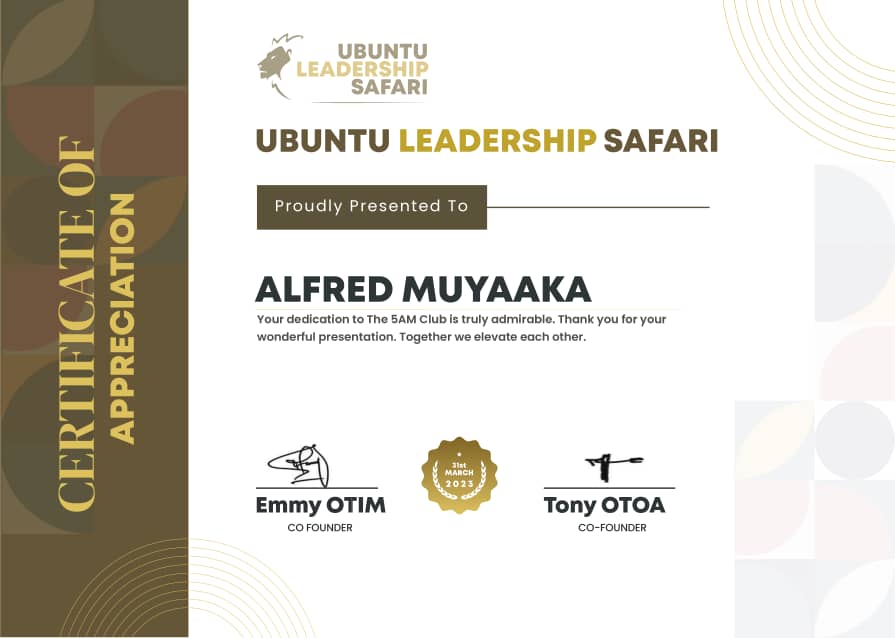 To me,being given an opportunity to briefly share my life story with the @SafariUbuntu community during the #5amclub reflections was humbling enough, bt @Comrade_Otoa and @iDEASUG went on to award me a #certificateofappreciation for my presentation twitter.com/i/spaces/1BRJj…. Thxs