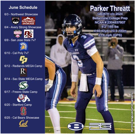 6/3 @THENWSHOWCASE @WOU_FB
6/4 @AveryShowcases @PSLoggers
6/9 @SanJoseStateFB
6/10 @calpolyfootball
6/12 @UofR_Football
6/14 @SacHornetsFB
6/17 @FresnoStateFB
6/20 @StanfordFball
6/25 @CalFootball