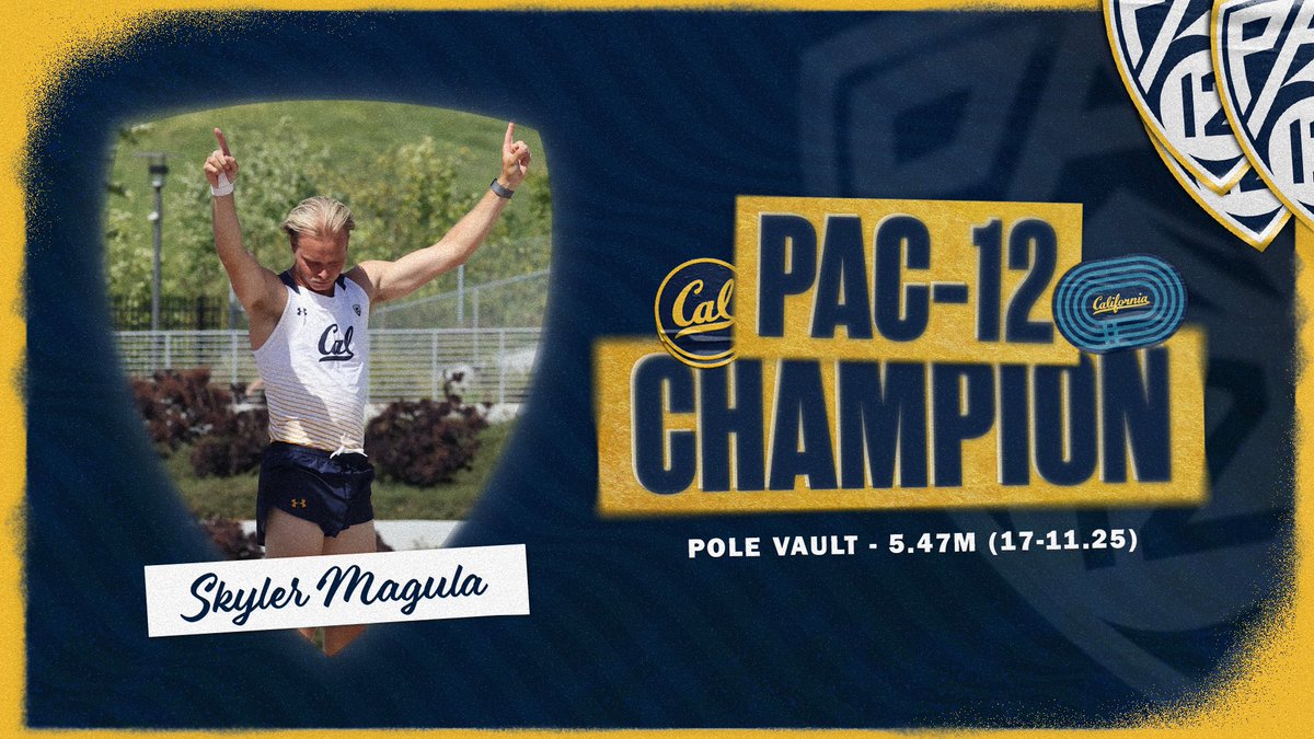 CalTFXC's tweet photo. 𝐂𝐇𝐀𝐌𝐏. 🥇 

Senior Skyler Magula continues his breakout season with his first Pac-12 title, reaching a height of 5.47m (17-11.25)!!

#GoBears🐻 x #Pac12TF https://t.co/w4aJBctNII
