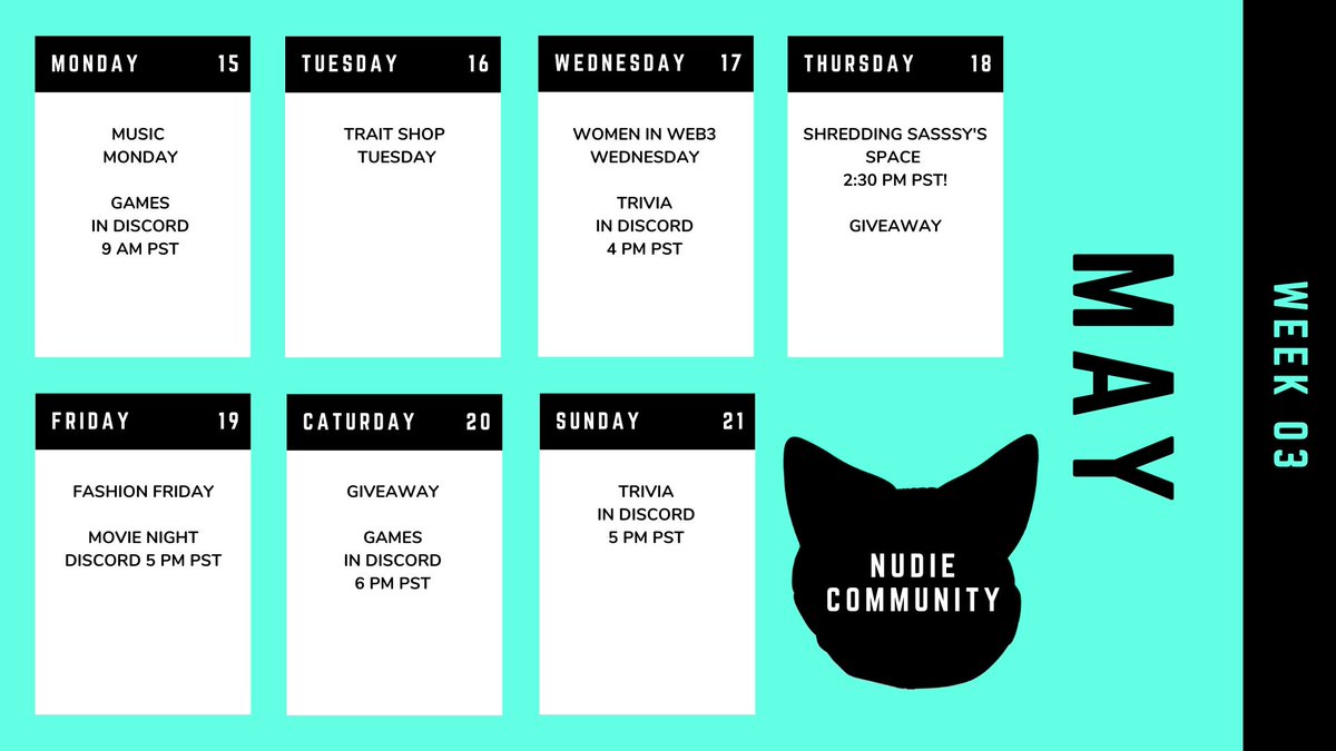 nudiecommunity's tweet photo. 📅 Exciting week ahead for #NudieCommunity!
Join us for:
🎵 Music Monday
💎 Trait Shop Tuesday
👩‍💻 Women in Web3 Wednesday
🚀 @ShreddingSassy space on Thursday
🎁 Giveaways on Thursday &amp; Saturday
🎥 Movie Night on Friday
🎮 Sunday Funday Trivia
&amp; Lots More!🎉😻
#NFTs https://t.co/Ufkx6cKNPH
