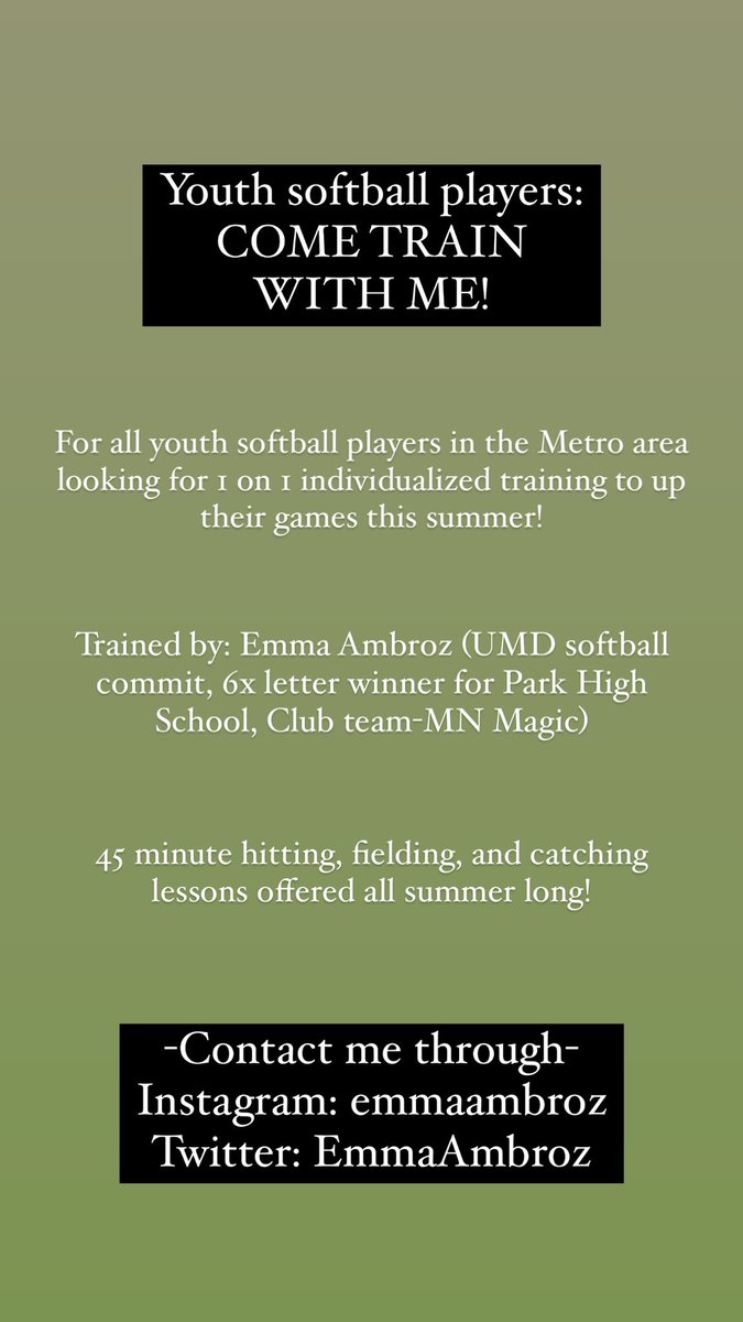 This summer, I will be offering personal lessons to all girls looking to up their softball skills! All details and contact information below. Let’s work!!! 🥎😄