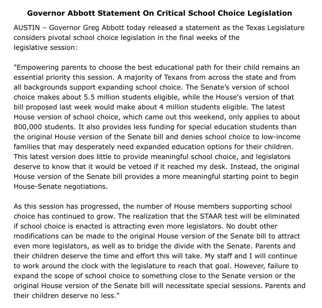 GregAbbott_TX's tweet image. Texas parents and their children deserve the time and effort it will take to pass critical school choice legislation this session.