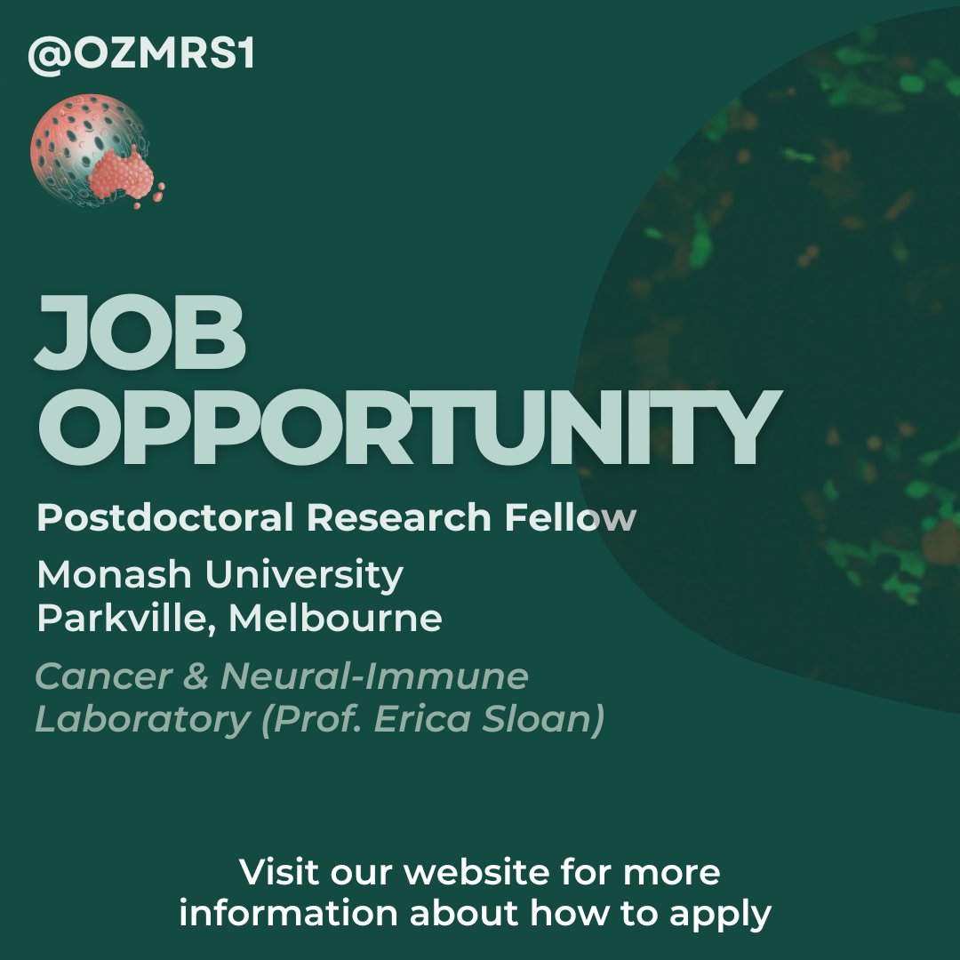 Oz MRS (@ozmrs1) on Twitter photo Position available in the @CNI_Lab at <a href="/MonashPharm/">Monash Pharmacy & Pharmaceutical Sciences</a>, focused on studying the interaction between the nervous system and the tumour microenvironment to design better treatments and improve outcomes for cancer patients. For more info visit: ozmrs.com/job-opportunit… Position available in the @CNI_Lab at <a href="/MonashPharm/">Monash Pharmacy & Pharmaceutical Sciences</a>, focused on studying the interaction between the nervous system and the tumour microenvironment to design better treatments and improve outcomes for cancer patients. For more info visit: ozmrs.com/job-opportunit…