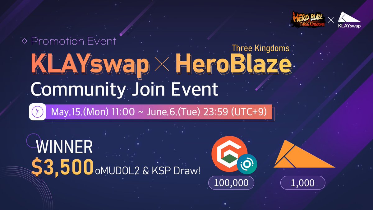 HeroBlaze3kd's tweet photo. 🎊
@HeroBlaze3kd  X @KLAYswap EVENT

1️⃣ Community Join Event
: https://t.co/5PpWwYwToB

📌Event Rewards: 
A total of 100,000 oMUDOL2 + 1,000 KSP

👇 Go to
: https://t.co/GR5651YnDd https://t.co/9oTaMnZaw3