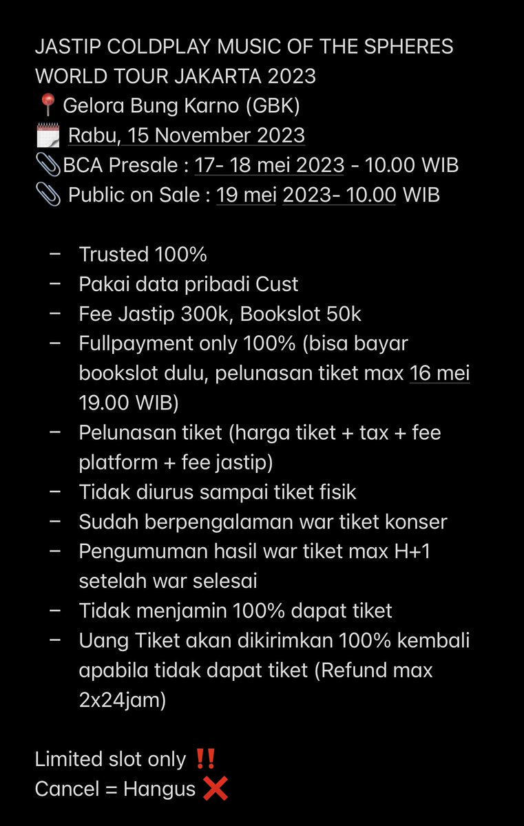 shayanajunita's tweet photo. JASTIP COLDPLAY MUSIC OF THE SPHERES WORLD TOUR JAKARTA 2023🪐💫

📆15/11/2023
📍Gelora Bung Karno Stadium
Ticketing: 17-19 Mei 2023
Trusted ✅
Fee Jastip 300k/tix ✅
Tdk dpt tiket refund 100%✅
Limited slot‼️
#ColdplayIndonesia #ColdplayInJakarta #COLDPLAY #jastipcoldplay https://t.co/nVXc1rssUX