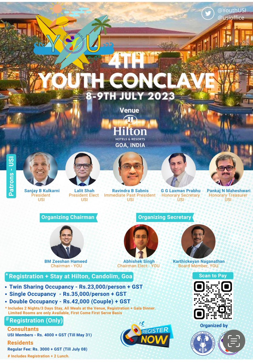 We invite you to 4th USI YOU Youth Conclave at Hilton Resort Candolim, Goa July 8-9 2023 HIGHLIGHTS uropreneur prized sessions semi live session debates women’s session debates adrenal masterclass hands on training (ultrasound, RIRS, HoLEP) To register: rzp.io/l/eSP5AZyNm