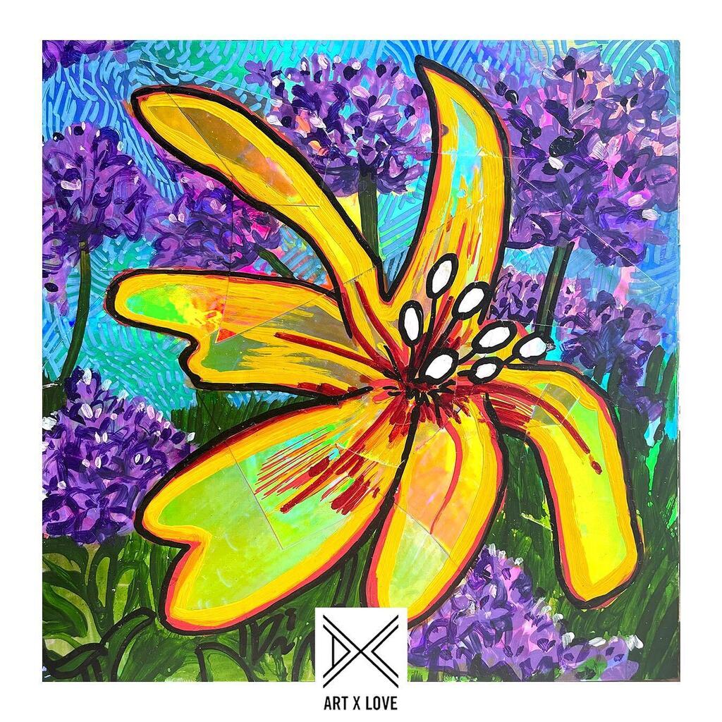 DAYLILY (Hemerocallis)
by Mac Love
Acrylic and ink on holographic paper collage and masonite.
6 in. X 6 in.
$100
•••
This holographic painting is one of a series Mac has been painting this summer. Visit our website and subscribe for updates on the su… instagr.am/p/CsPsAsLrcjL/