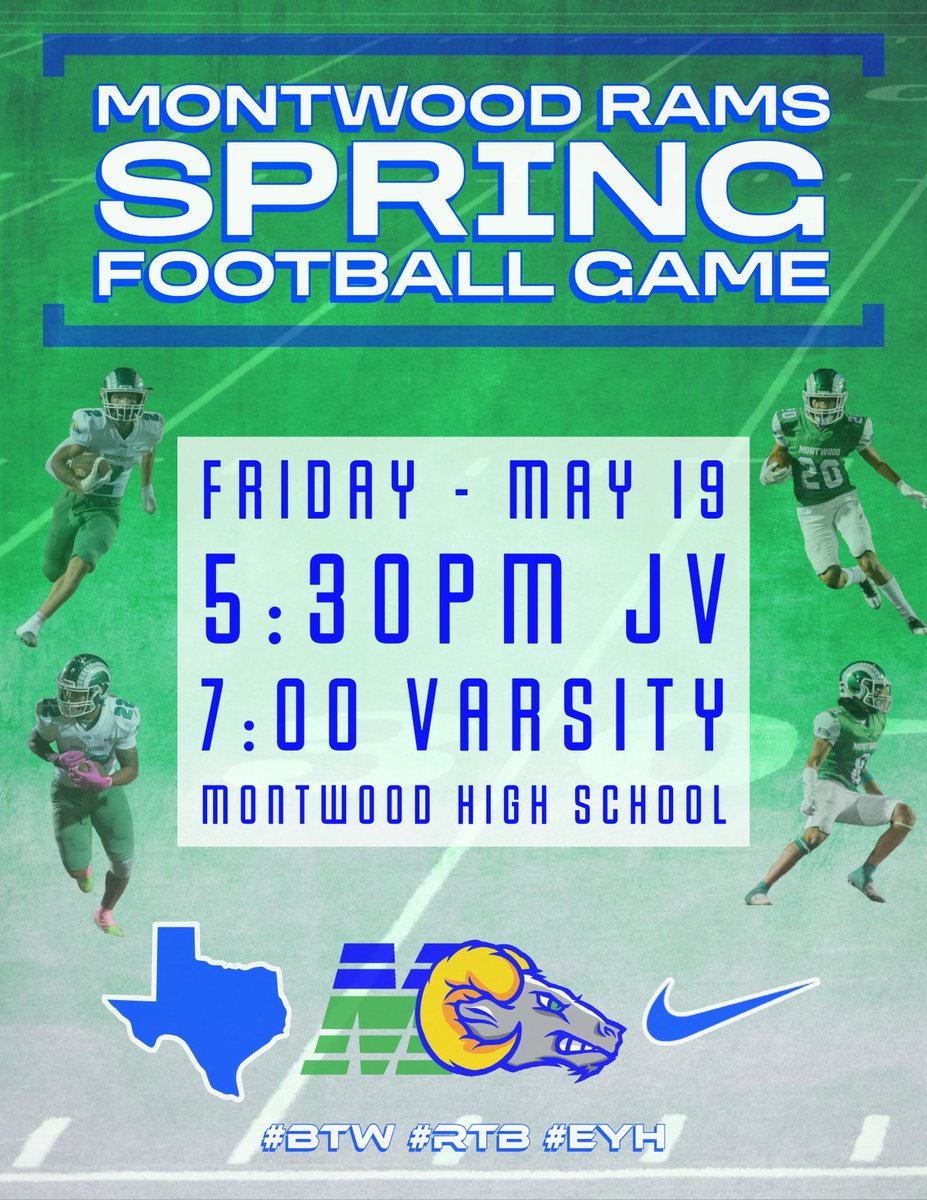 This is it! The annual Montwood Spring Football Game is this Friday. We can't wait to show our community what is happening with the Montwood Football program! #TheBrand #Excellence #RowTheBoat #EarnYourHorns