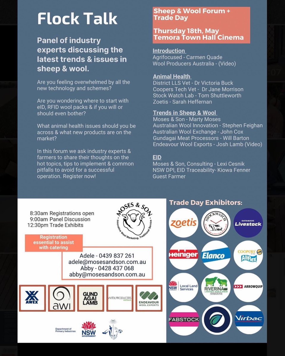 adelesmith001's tweet photo. Sheep &amp; Wool Forum + Trade Day 
this Thursday 18th May, Temora Town Hall Theatre

In this forum we ask industry experts &amp; farmers to share their thoughts on the hot topics, tips to implement &amp; common pitfalls to avoid for a successful operation.

Let me know if you will attend 🐑 https://t.co/6d95MGgBkY