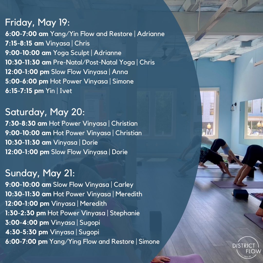District_Flow's tweet photo. Happy Mother’s Day 💐 Here is our class schedule for this upcoming week! Register now using our new Mariana Tek platform! https://t.co/yZf9dPiRim