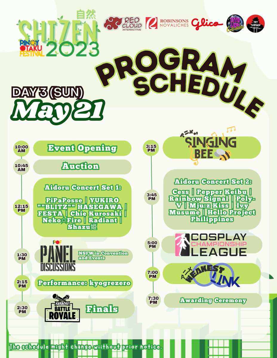 redcloudinter's tweet photo. Check out the Event and Meet and Greet schedule with some of the most popular names in Japanese pop culture and artists as well. PINOY OTAKU FESTIVAL 2023.  

For details visit https://t.co/lqsglrCopM 

#PinoyOtakuFestival #POF2023 #POFShizen #anime #cosplay #popculture https://t.co/rzih6l6Dge