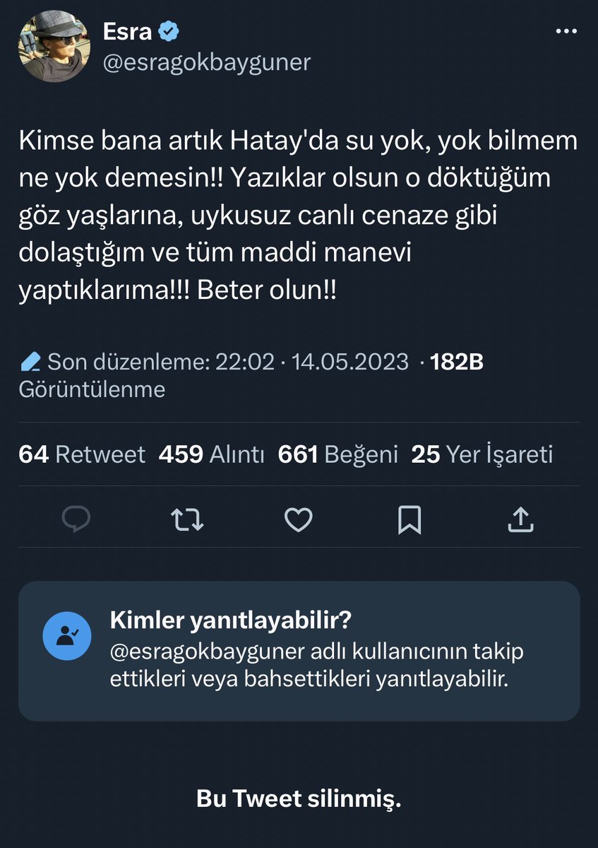 Bu rezil, bu haysiyetsiz, bu ahlaksız tiviti atan organizmanın tez zamanda belasını vermesini dilerim Allah’tan. Vereceği üç kuruş kendisinin olsun, çeksin çıkarcı ellerini depremzedelerin üzerinden @esragokbayguner