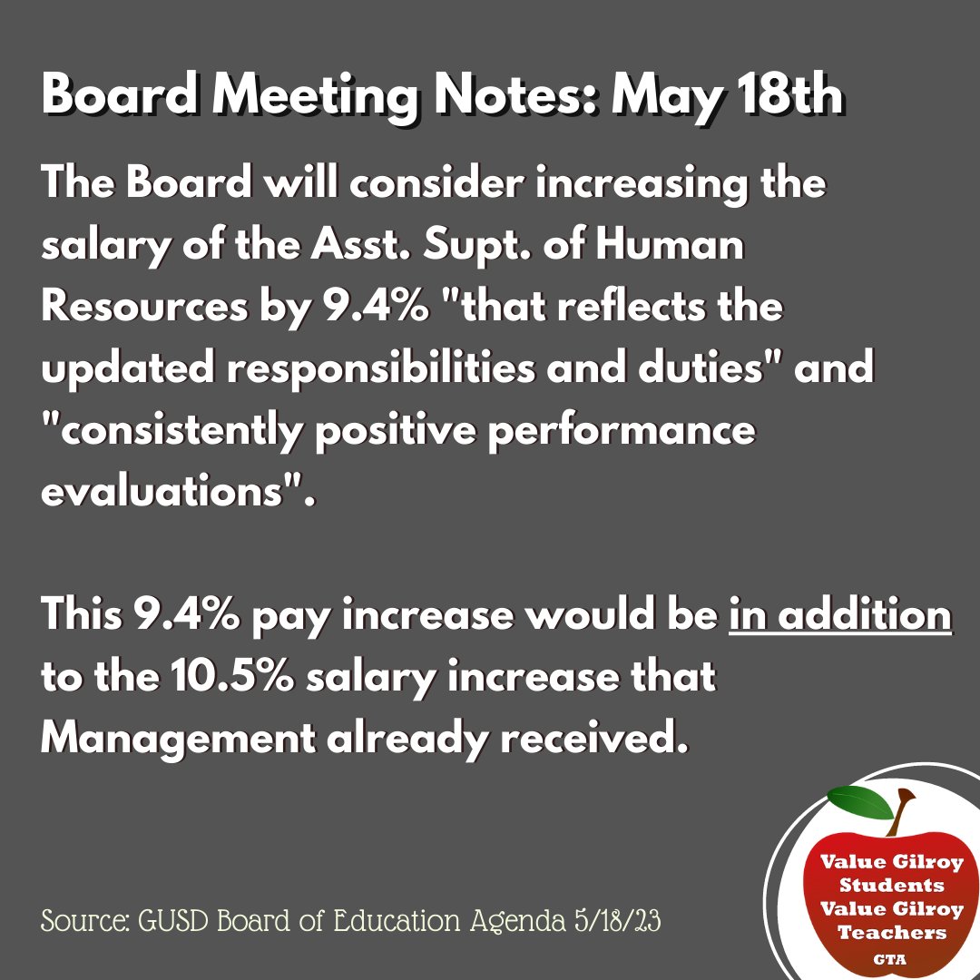 GilroyTeachers's tweet photo. Why is the Board willing to increase Senior Management salary by over 20% but not willing to increase Educator salaries by 15%? #ValueGilroyEducators https://t.co/usW4CcBxnM