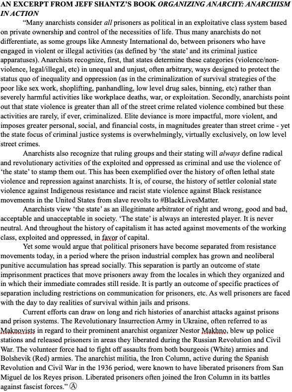 ContraryTerry's tweet photo. #JeffShantz, in his book #OrganizingAnarchyAnarchismInAction, explaining something most people in our “liberal democratic” society can’t understand - the anarchist take on prisons/prisoners, and why we are for prison abolition. He also touches on some cool anarchist history! Ⓐ https://t.co/PEbvkX9WnW