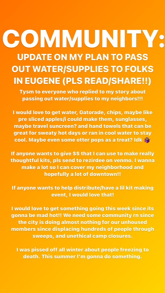 zireesun's tweet image. EUGENE: I am organizing a heat wave kit distribution for unhoused neighbors. Please share/donate if you can.