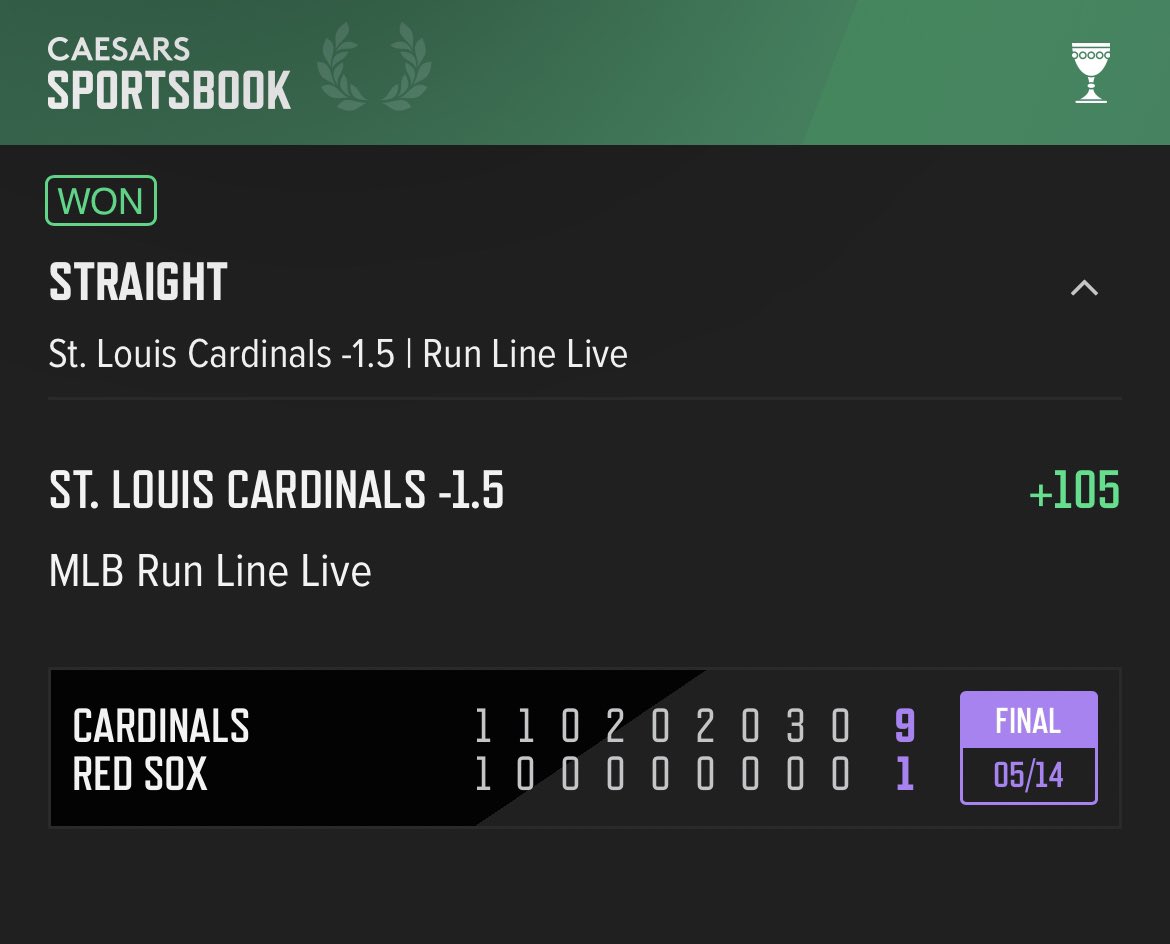 8_LEGPARLAY's tweet image. CASH IT!! NO SWEAT! Cardinals -1.5 +105 ⚾️✅💰#STLvsBOS #CaesarsSportsbook #GamblingTwitter #CASHIT #SportsBettingTwitter