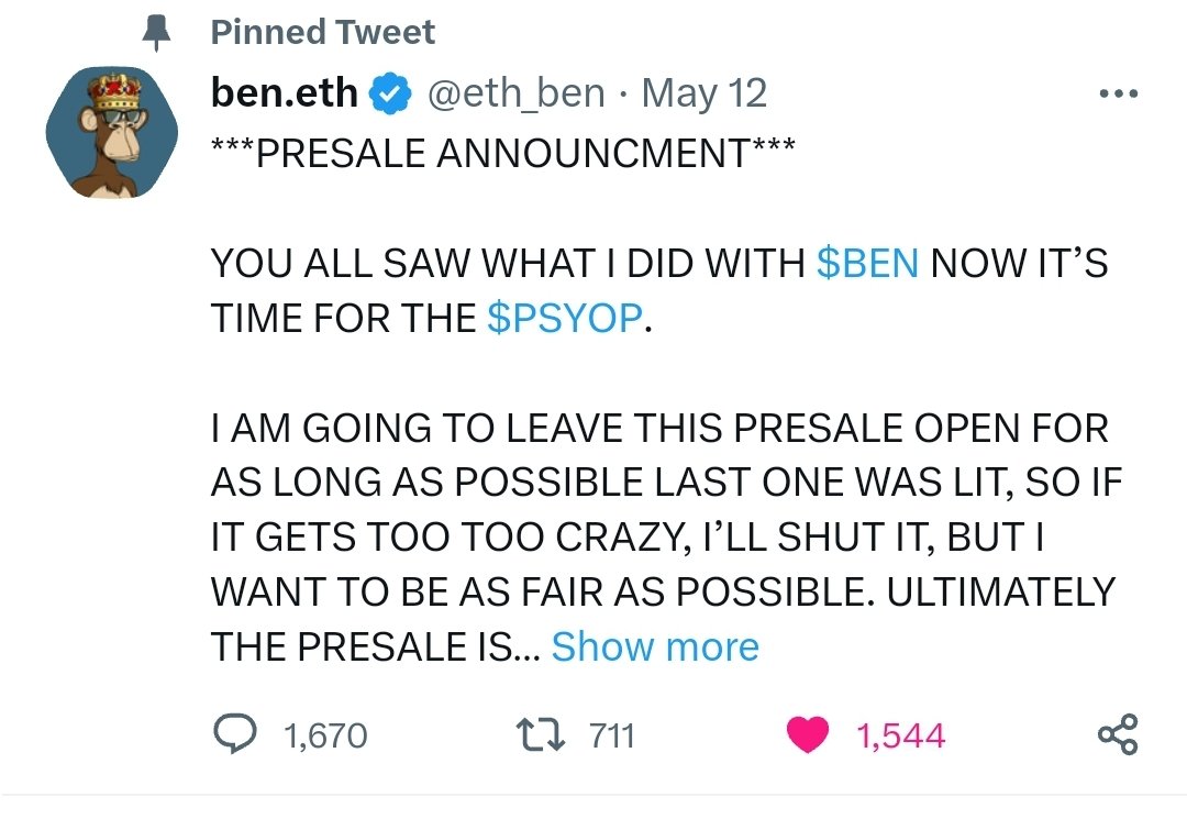 👀 IF YOU ASK ME THIS PRESALE HASN'T GOTTEN CRAZY ENOUGH YET! EXTEND $PSYOP ANOTHER 24 HRS LFG!! <a href="/eth_ben/">ben.eth</a>