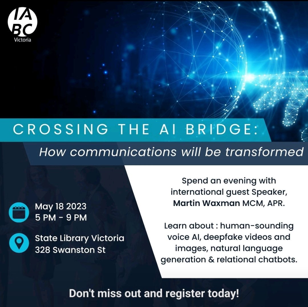 Dont miss your chance! This #AI event is on this Thursday. This is your last chance to book your tickets to see international guest speaker, Martin Waxman, MCM, APR, digital communications strategist from Toronto. Book today: lnkd.in/gwU-JfNE
