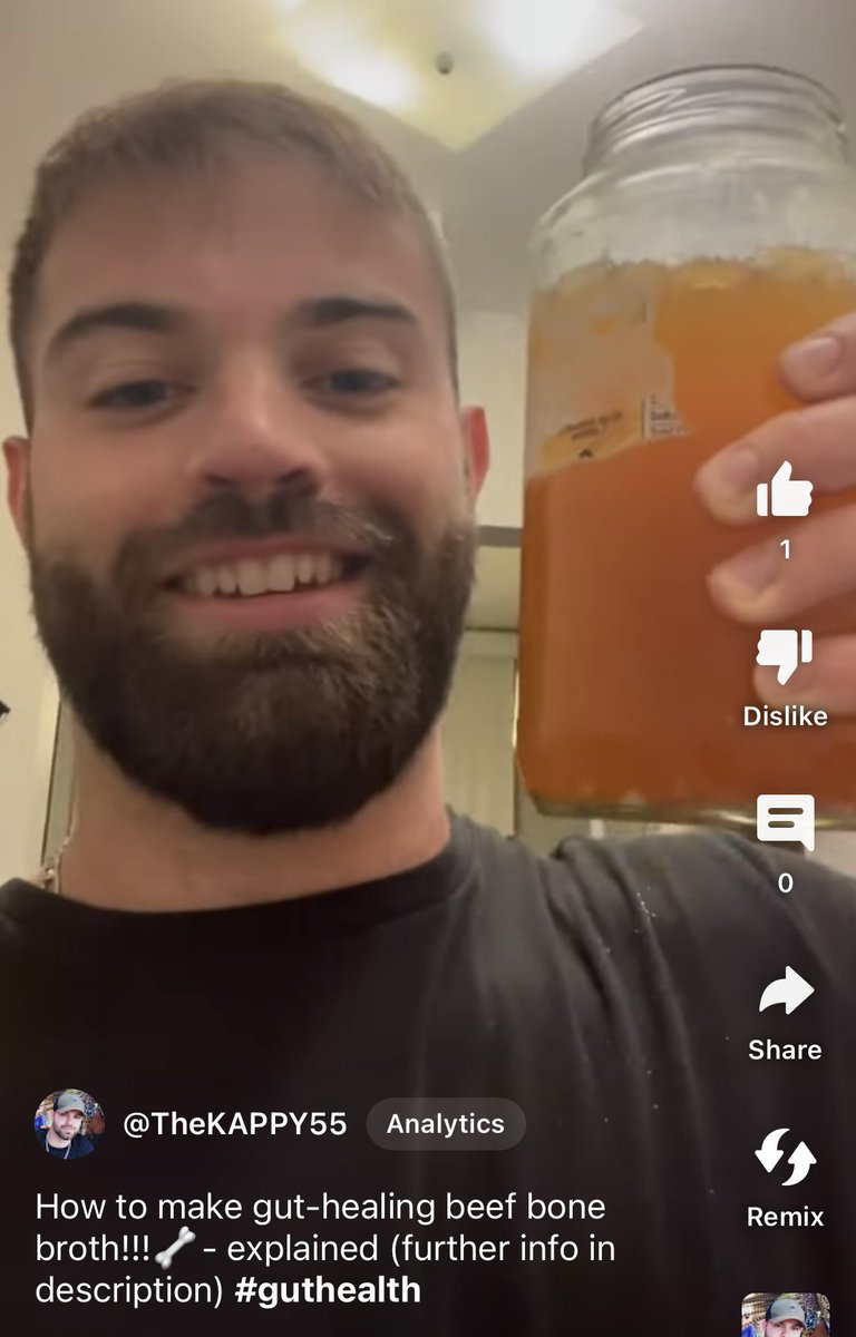 Beef bone broth should be like hard jello when cold. This shows it is packed with collagen and it will heal your intestines. This was my biggest tool in healing my Ulcerative Colitis naturally. 

Check out my video with instructions : youtube.com/shorts/-OfIp21…