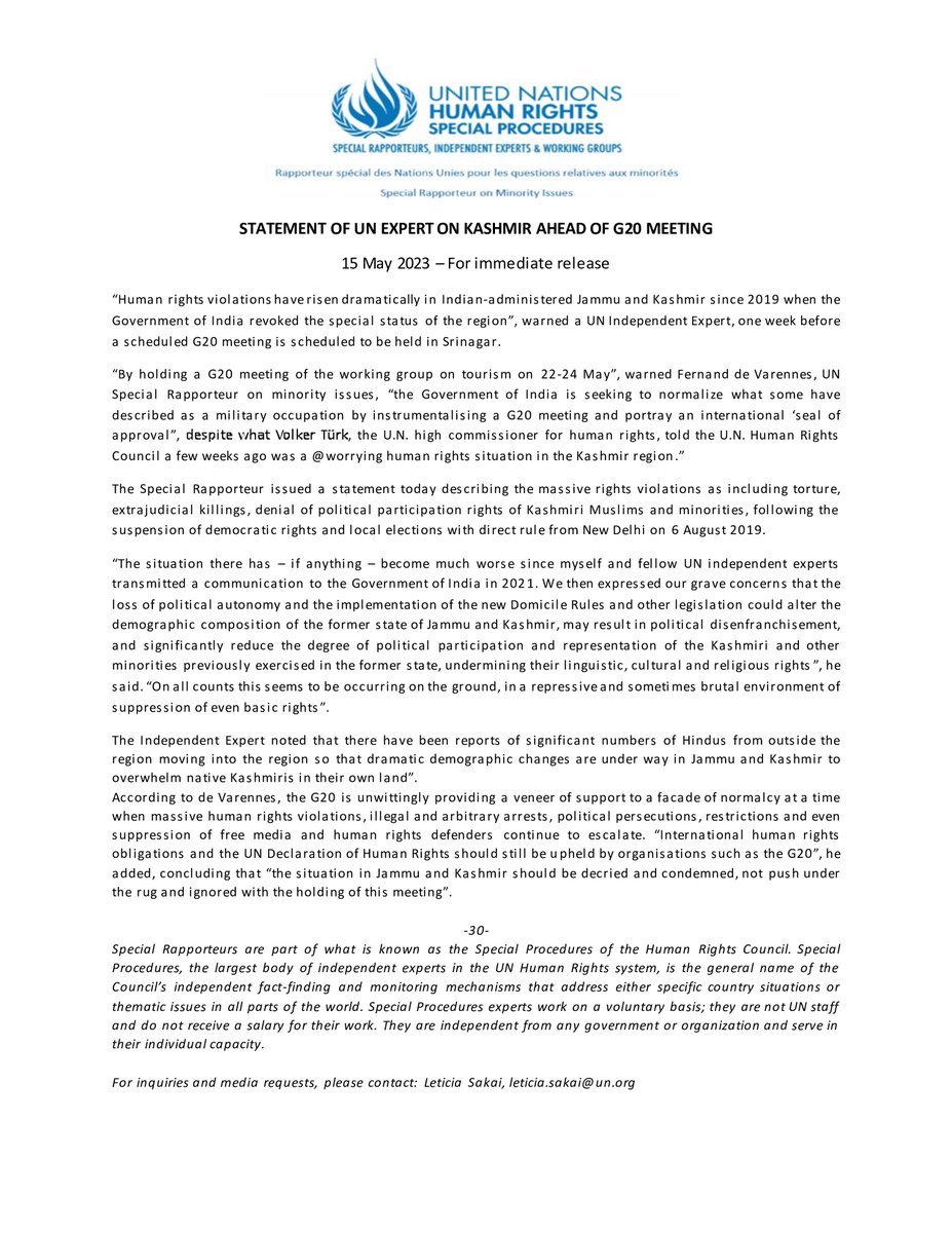 Holding a #g20  meeting in #jammuandkashmir while massive #humanrights  violations are ongoing is lending support to attemps by 
#India to normalize the brutal &amp; repressive denial of democratic &amp; other rights of #kashmiri #Muslims and #minorities.