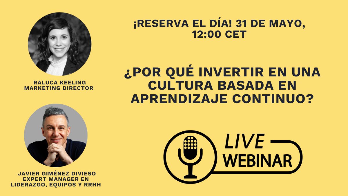apprendly's tweet photo. 📢 We are planning to close the month with a spectacular webinar in Spanish! Ready to know if companies should or should not invest in continuous learning? 💛

📅 Save the date and address your questions directly to our special guest, Javier:

https://t.co/QBH6yr1WOz

#edtech https://t.co/oC3g9kEwdm