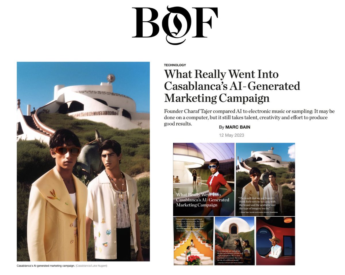 Super <a href="/BoF/">The Business of Fashion</a> on the AI generated Casablanca Paris SS23 Campaign by our web3 portfolio artist Luke Nugent Photographer. Brands are openly using AI commercially once it is in the hands of trusted and reputable Fashion Creatives.
<a href="/HausAsset/">ASSET HAUS</a> manages creative artists IP on-chain.