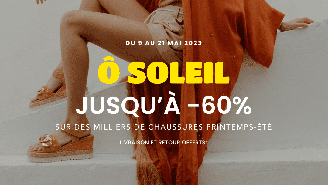 Jefchaussures's tweet photo. Ô SOLEIL : en l’attendant (😅) on vous offre une petite surprise ☀️
⁠
Du 09 au 21 mai 2023, profitez jusqu’à - 𝟔𝟎% sur des milliers de chaussures Printemps-Été Femme, Homme et Enfant !⁠
⁠
Rendez-vous sur https://t.co/wM7Nltigfy https://t.co/riRwMDfYtO