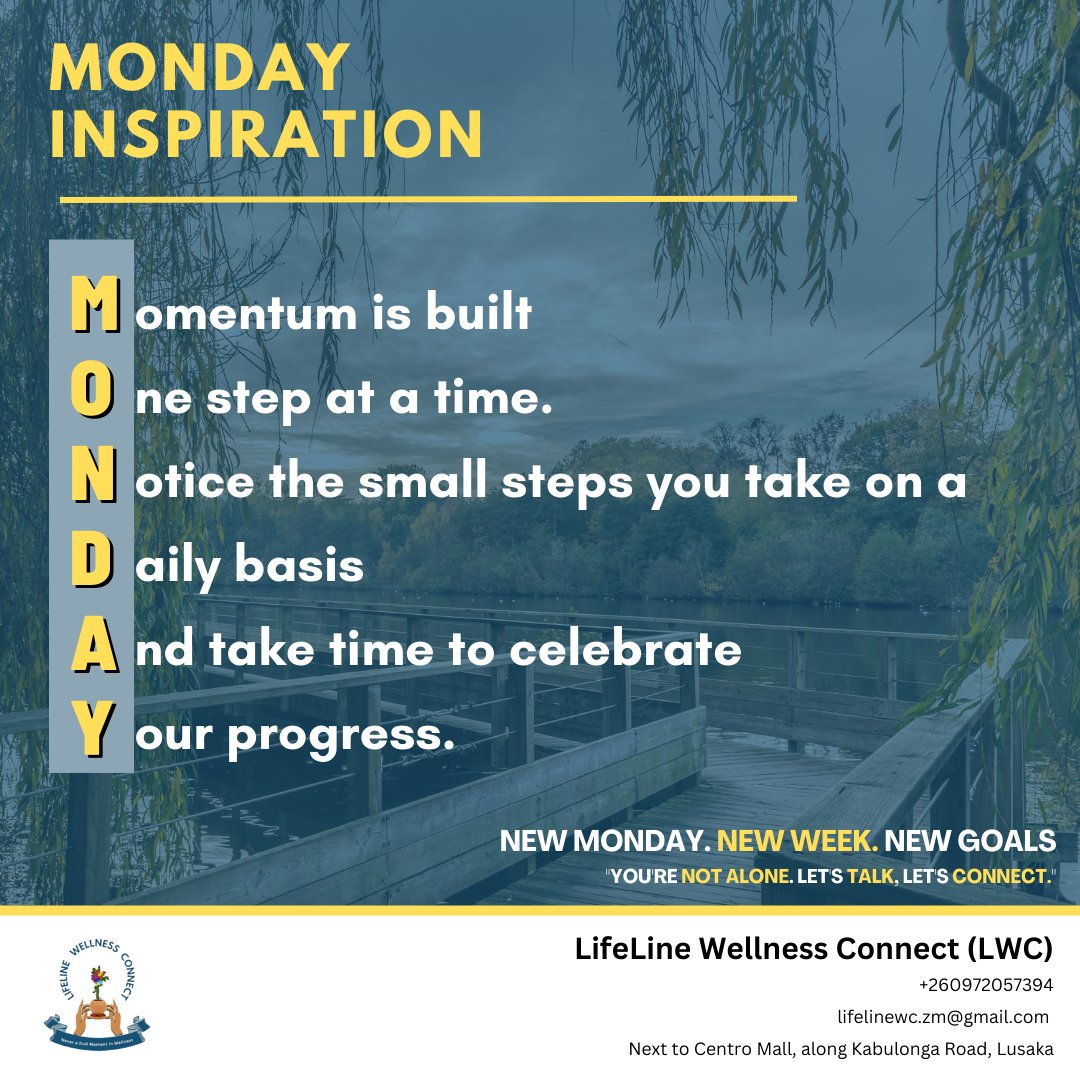LifelineWC_zm's tweet image. "It's a New Monday and a New Week" 

Momentum is built one step at a time. 
No matter how small the step may be, keep moving forward.

#lifelinewellnessconnect
#smallstepstobigchange
#growth
#mondayinspiration
#letstalkletsconnect