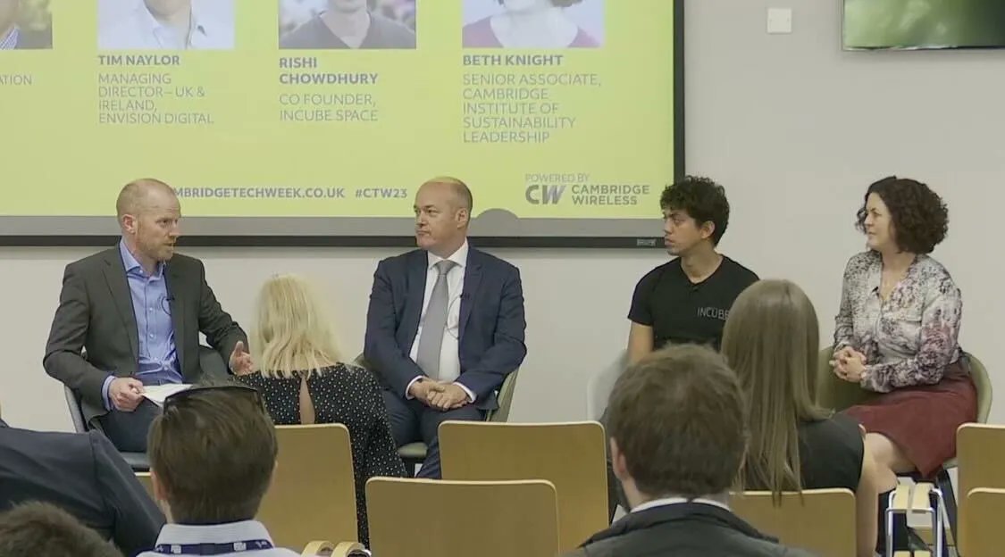 "Tech is fundamental to scalable change, and will enable sustainability at a macro level.”  

<a href="/RishiChowdhury/">Rishi Chowdhury</a> highlighted the pivotal role of technology in driving impactful transformations, empowering us to achieve sustainability goals on a global scale. 

#CambridgeTechWeek