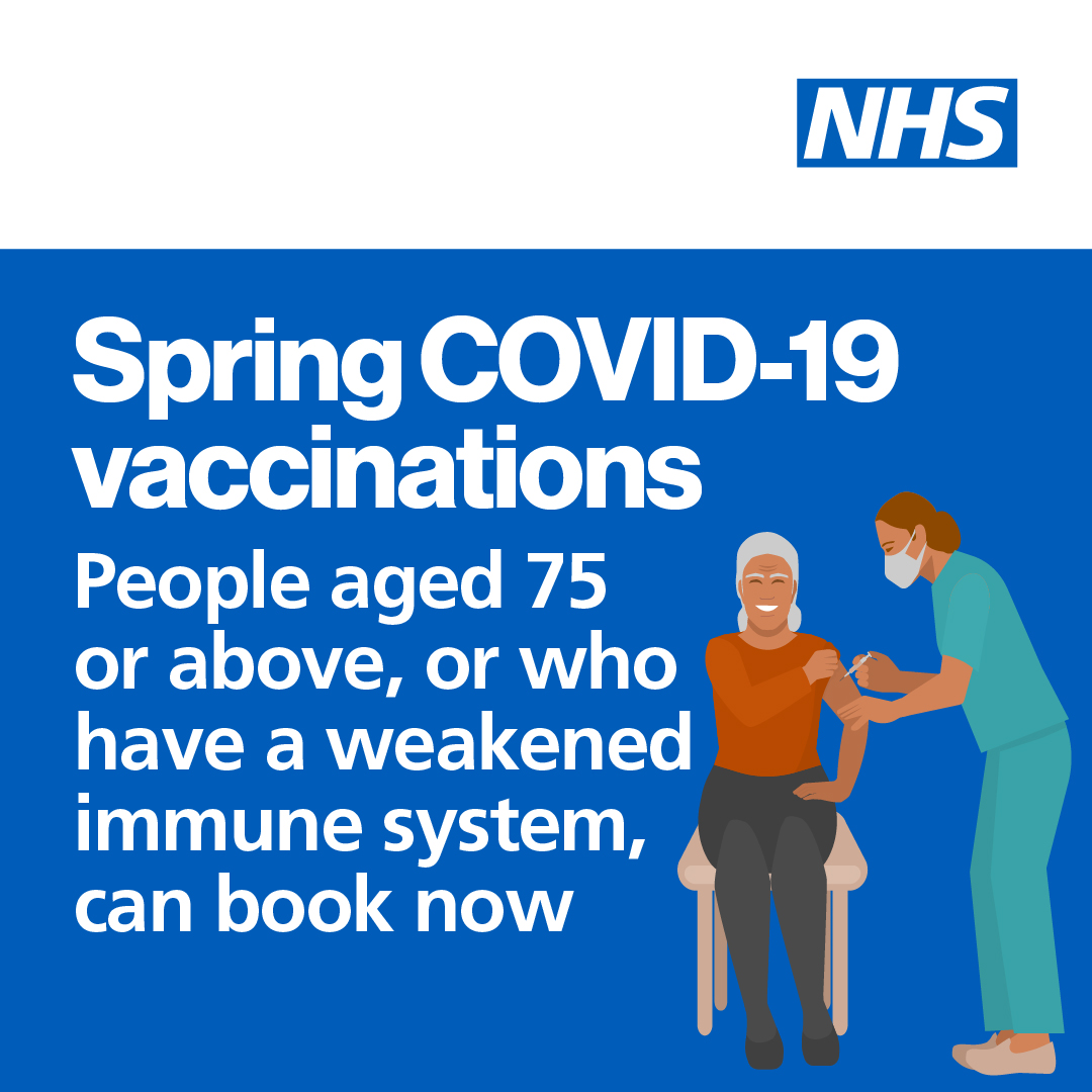 Those who can get a spring vaccination include people aged 75 and over (by 30 June 2023), people with a weakened immune system, and residents of care homes for older adults. If you are eligible, you can make a booking by using the NHS App or visiting nhs.uk/CovidVaccinati….