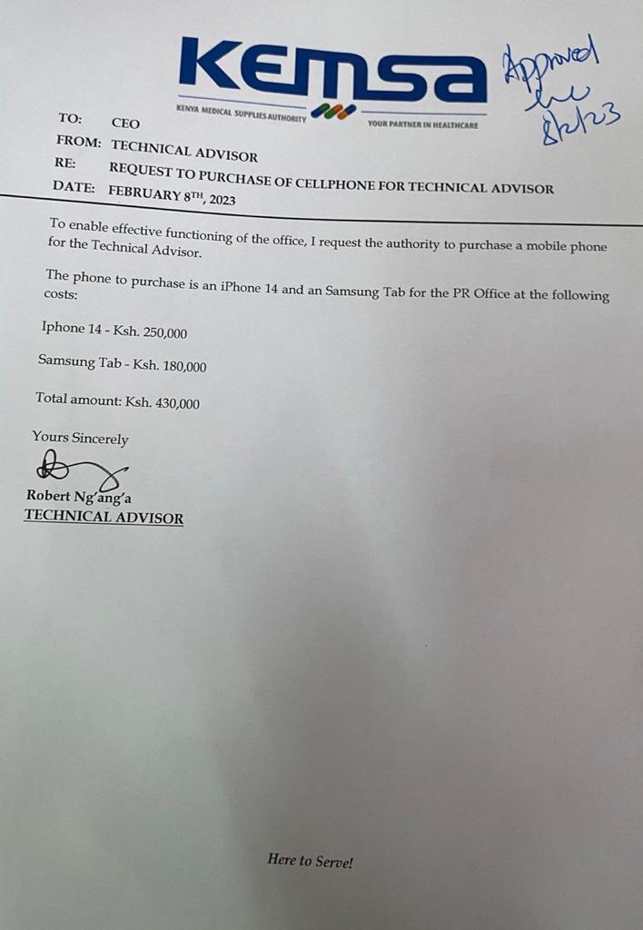 The CEO of @Kemsa_Kenya  requested purchase of phone of worth hundred thousands to help in effective functioning of office. She's using public money to buy expensive phones than puting the money in proper use

#RotAtKemsa
Corrupt Terry Ramadhani
@EACCKenya 
@citizentvkenya