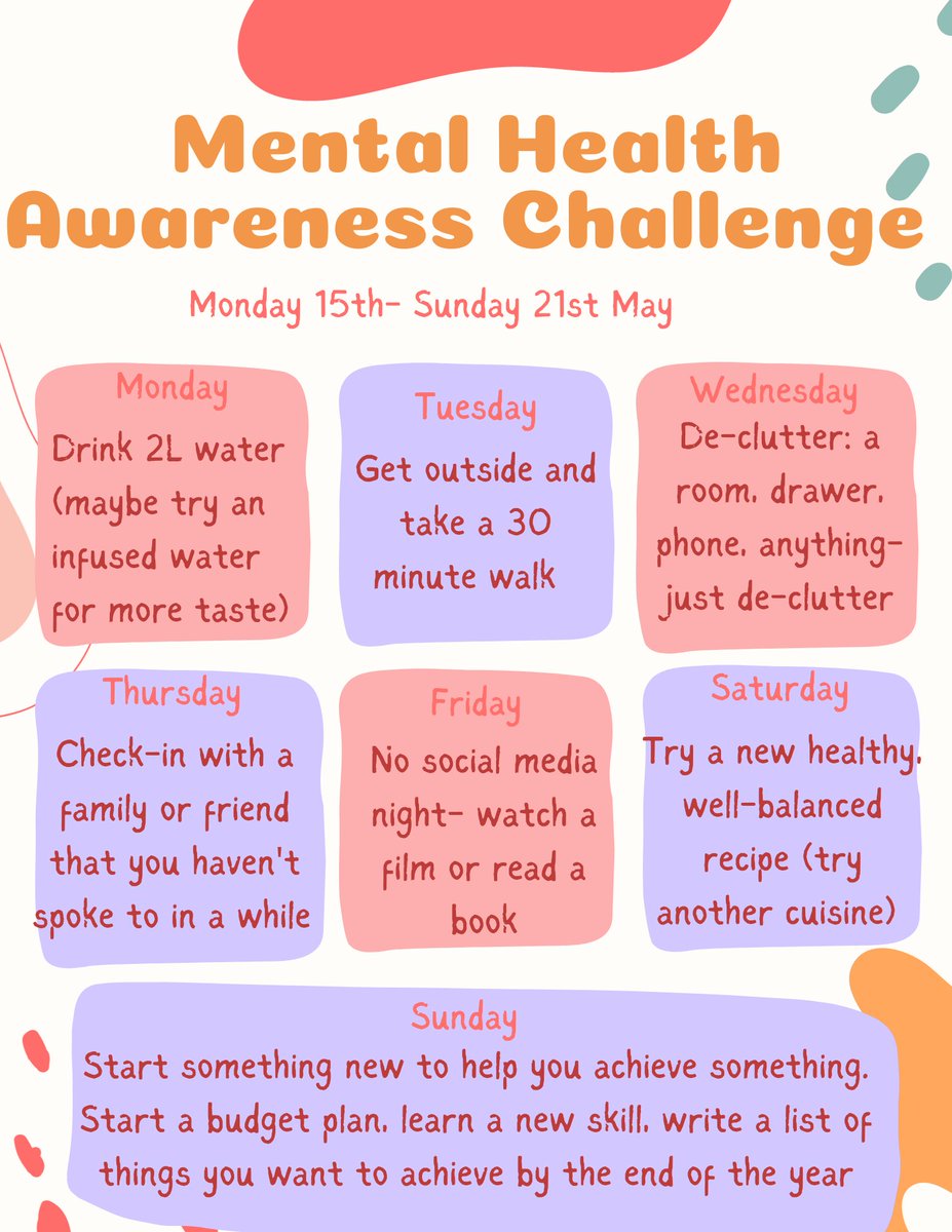 acumen_care1's tweet photo. We have created a week-long well-being challenge for mental health awareness week.  The simplest achievement could be enough for a successful day. Try your best and pat yourself on the back when you succeed!

#mentalhealth #mentalhealthawareness #wellness #wellbeing https://t.co/S0ngjrQT8e