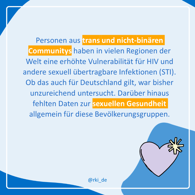 rki_de's tweet photo. 🆕Erste Daten zur sexuellen Gesundheit und #HIV/sexuell übertragbaren Infektionen in trans und nicht-binären Communitys in Deutschland.
Die #TASG-Studie des #RKI und der @Aidshilfe_de liefert erstmals quantitative und qualitative Daten.
Die Ergebnisse und weitere Informationen ⬇️