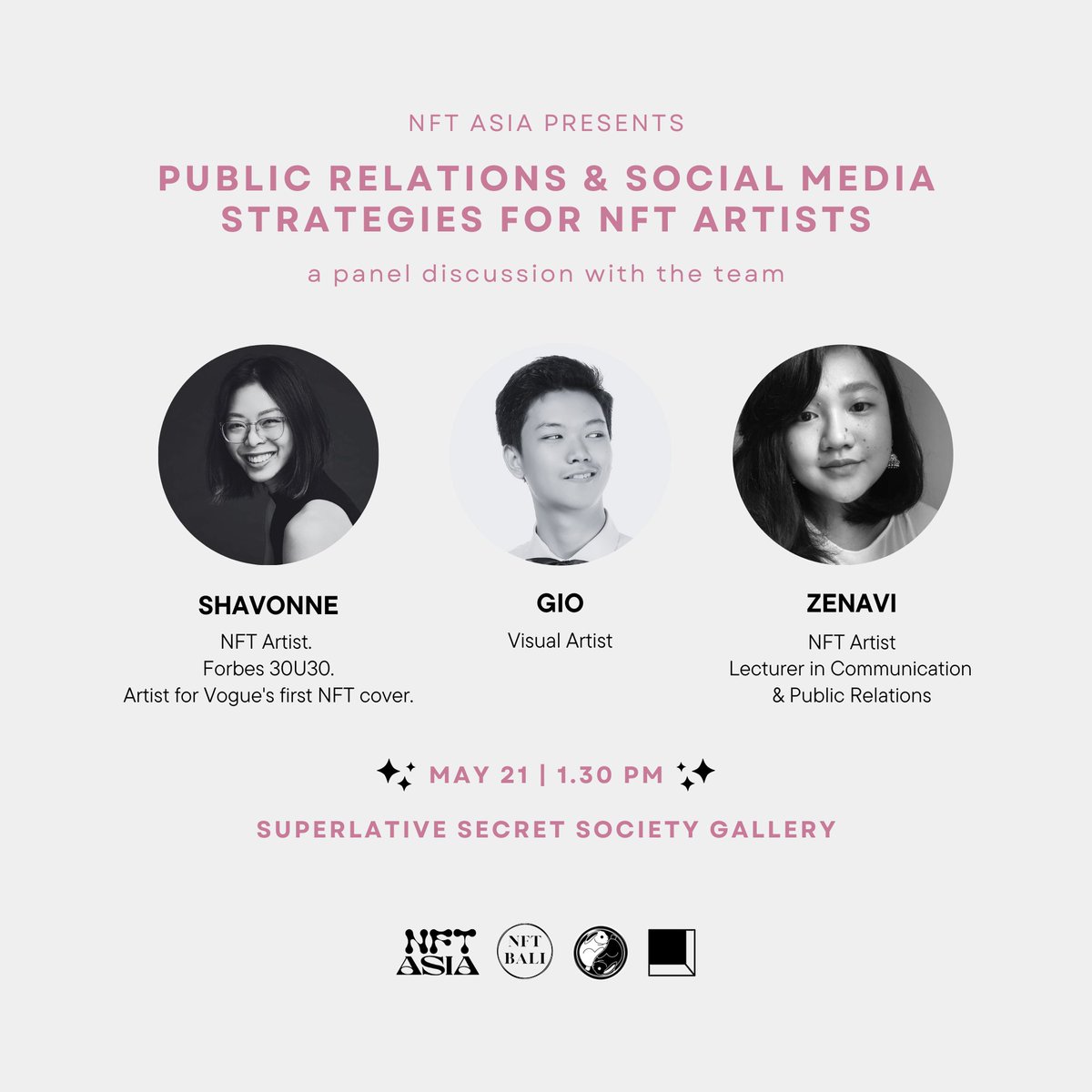 📢 Join us on May 21st, at <a href="/sssgallery/">Superlative Gallery</a> in Bali for an inspiring Panel Discussion on "PR &amp; Social Media Strategies for NFT Artists" ⚡️

 Featuring the incredible artists <a href="/shavonnewong_/">˗ˏˋ Shavonne Wong ˎˊ˗ ✨(NFT Asia/Bloom)</a> , <a href="/artsofgk/">Art of G.K. (Gio Karlo)</a> and <a href="/zenaviart/">zenavï</a> ✨

RSVP Below 👇