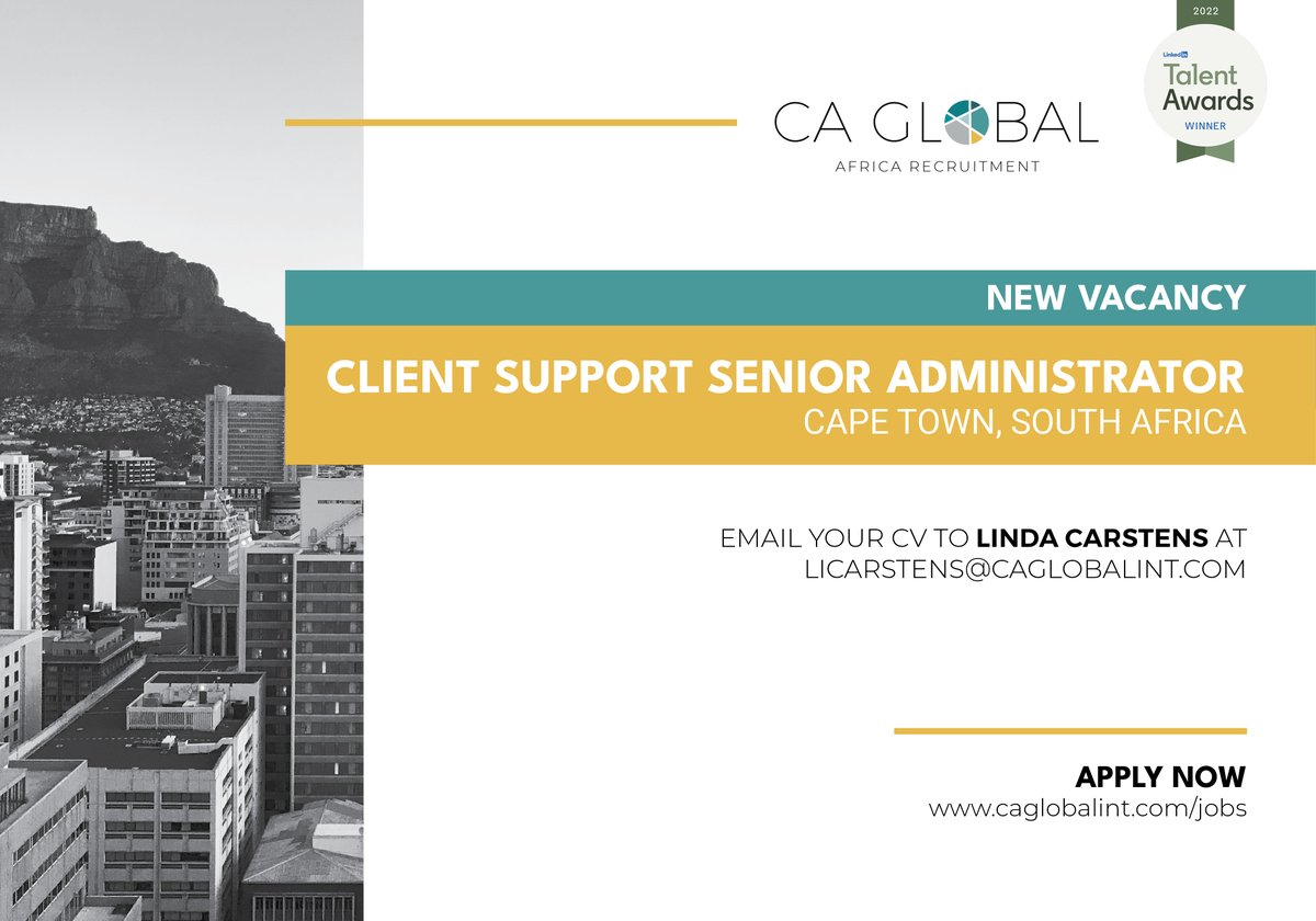 Client Support Senior Administrator job in Cape Town, South Africa

** RE5 qualification (Preferred but not required)

Email Linda Carstens at licarstens@caglobalint.com

⇢➤ View job spec: caglobalint.com/recruitmentafr…

#caglobal #caglobaljobs #clientsupport #careeropportunity