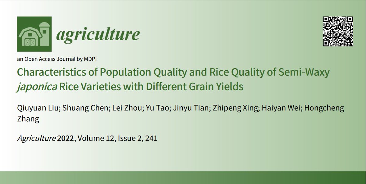 AgricultureMdpi's tweet photo. #AgricultureMdpi - 2022 High Cited Paper
Title: Characteristics of Population Quality and Rice Quality of Semi-Waxy japonica Rice Varieties with Different Grain Yields
Authors: Qiuyuan Liu et al.
Link: https://t.co/Uoz2oUMtVm
#semi_waxyjaponicarice #grainyield #ricequality https://t.co/om15qdMGWQ