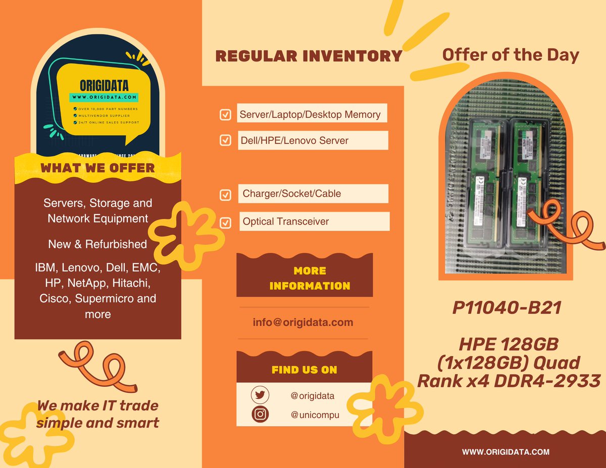 origidata's tweet image. P11040-B21 128GB (1x128GB) Quad Rank x4 DDR4-2933MHz

Ref, grade A | Tested and 100% Functional

info@origidata.com
#serverupgrade #hpeproliantserver #refurbishedserverhardware #highperformace #recycle #itpurchasing