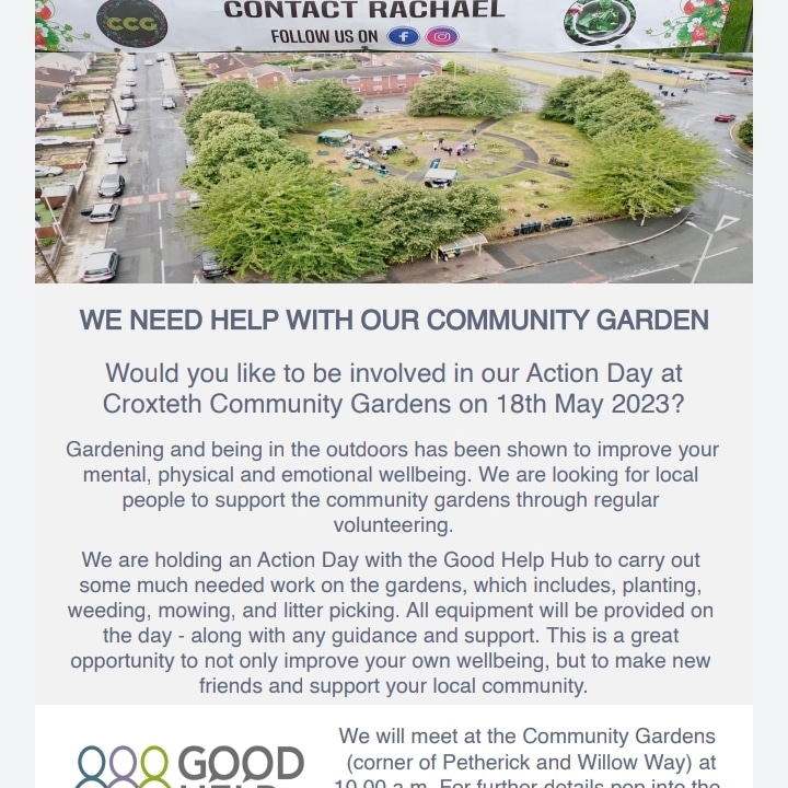 GoodHelpHub's tweet image. Don't forget this Thursday 18th May at 10am we are all meeting at Croxteth Community Gardens ( Corner of Petherick and Willow Way) to help restore this lovely part of our community. We will be planting, weeding and getting rid of any litter so the more people to help the better!