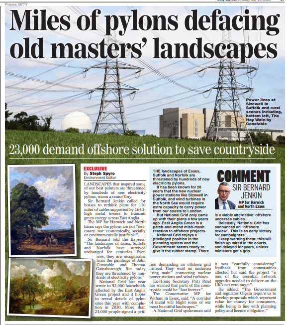 StephSpyro's tweet photo. Landscapes which inspired some of Britain's best painters are threatened by hundreds of new electricity pylons, warns senior Tory MP @BernardJenkin.

He's called for energy bosses to rethink plans for 110 miles of new 164ft-high pylons across East Anglia. https://t.co/c2BD96Mang