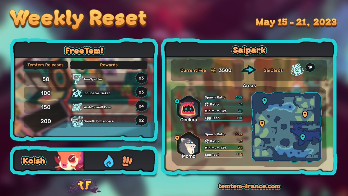 TemtemFrance's tweet photo. Cette semaine sur Temtem 💎🐺 Configuration du 15 mai jusqu'au 21 mai 2023.
-
This week in Temtem 💎🐺 This configuration will run from May 15th to May 21st, 2023.

👉 https://t.co/HLRMlf2g6I https://t.co/VbXlshGdD3