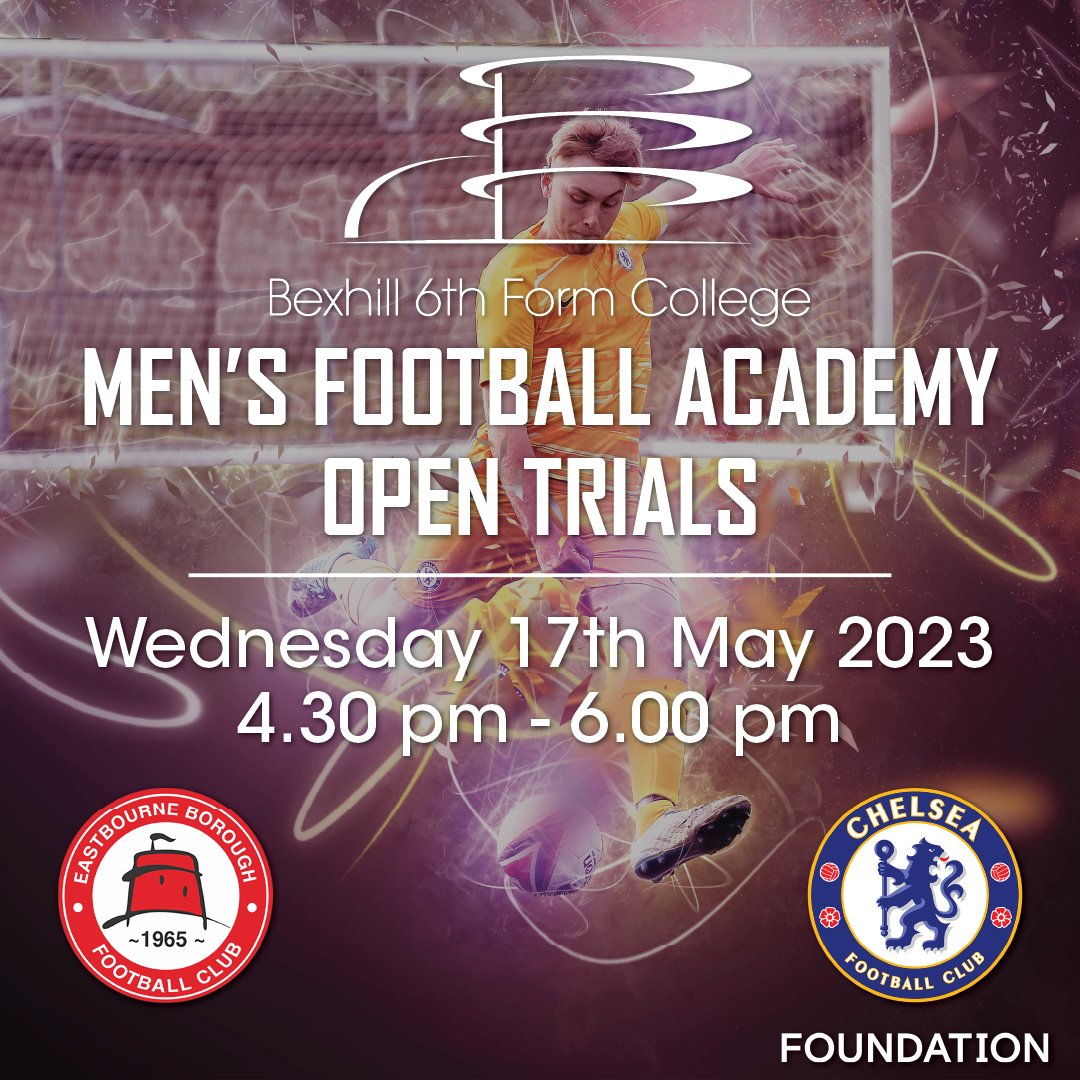 We will be hosting Football Academy Trials for Year 11 students on Wednesday! All players must wear their own kit and boots that are suitable for the 3G pitch. We also advise all players to wear shin pads.  Please contact seannoble@bexhillcollege.ac.uk to confirm attendance.
