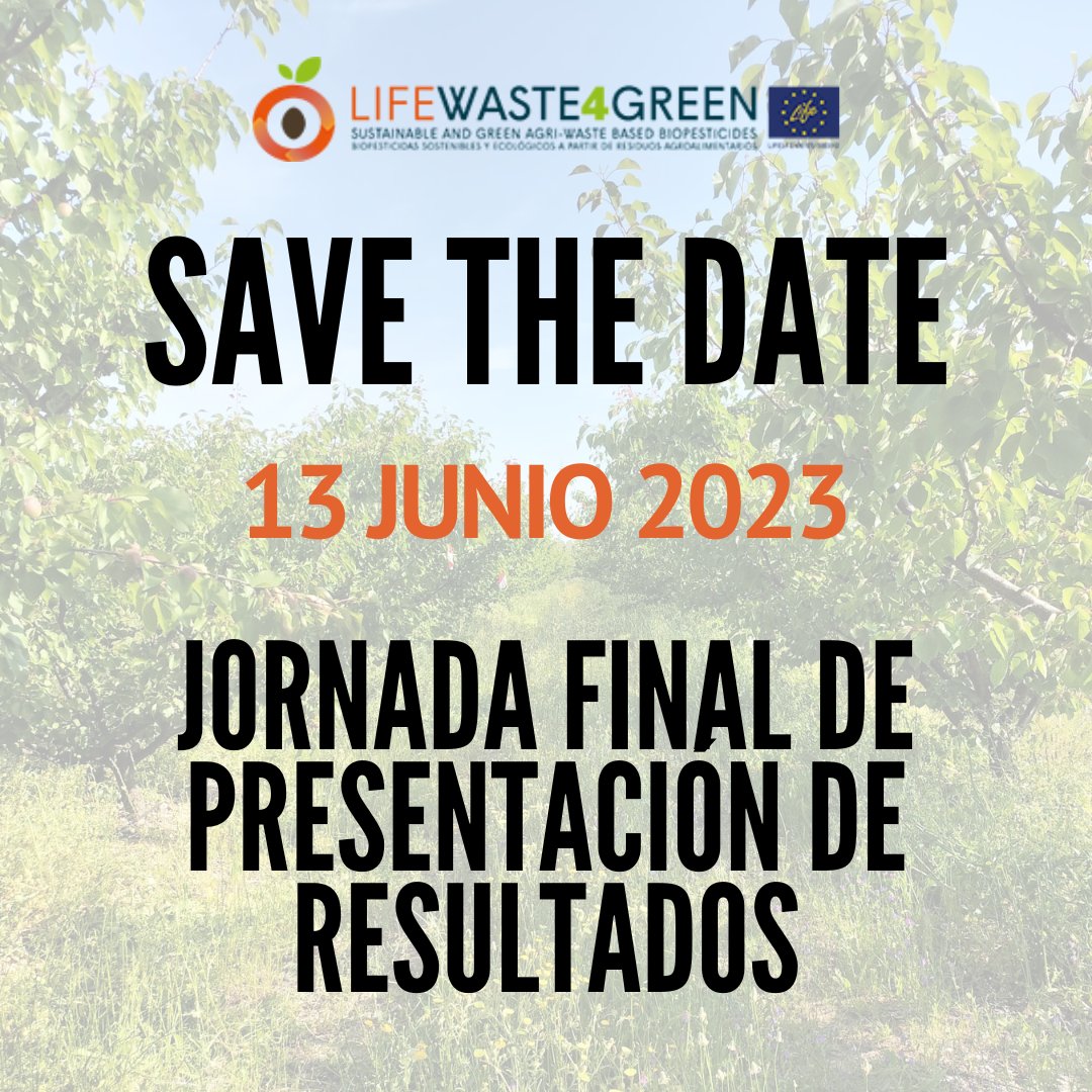 ¡Reserva la fecha! 13 de junio en Madrid jornada final de presentación de resultados
Próximamente más información aquí y en waste4green.eu
<a href="/Bioplaguicidas/">Grupo Bioblaguicidas ICA-CSIC</a> <a href="/CSIC/">CSIC</a> <a href="/CTAEX_CIT/">CTAEX</a> <a href="/ava_asaja/">Associació Valenciana d'Agricultors</a>  #FRUTUGA @idainature
<a href="/SaludISCIII/">Instituto de Salud Carlos III (ISCIII)</a> <a href="/LIFEprogramme/">LIFE Programme</a> <a href="/cinea_eu/">CINEA 🇪🇺</a> <a href="/EU_Commission/">European Commission</a>