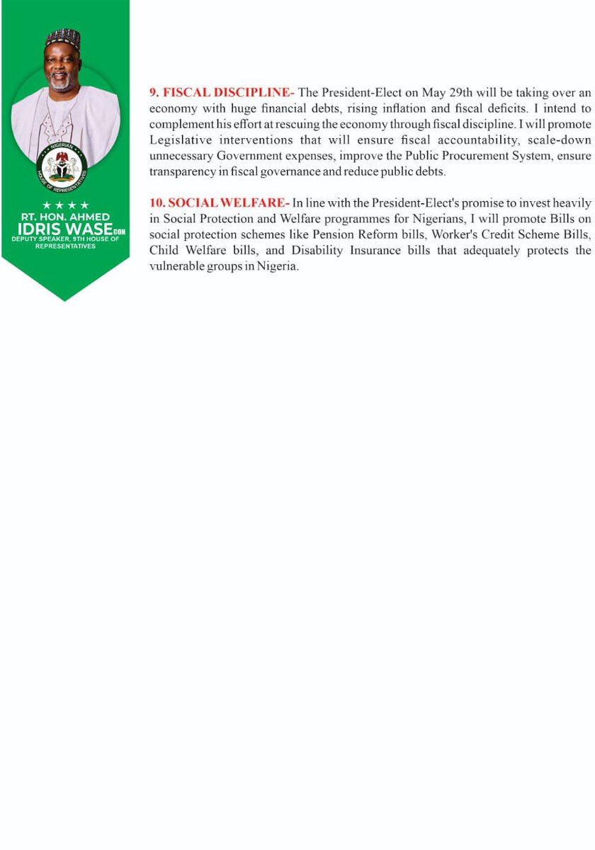JaafarUmarAbba's tweet photo. 10th agendas of Rt. Hon @HonAhmedWase for the 10th Assembly.
#ThinkWase
#WaseAhead
#Wase4Speaker
#WaseIsCapable https://t.co/7Ix0C3ZpYJ