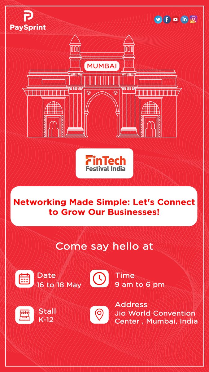 #PaySprint is excited to be an exhibitor at the #FintechFestivalIndia, at Jio World Centre, Mumbai, between 16th April 2023-18th April 2023! 😊

Come visit us at stall no. K12, we look forward to meeting you at the event!!

#API #BusinessBanking #Finance #Technology #Banking