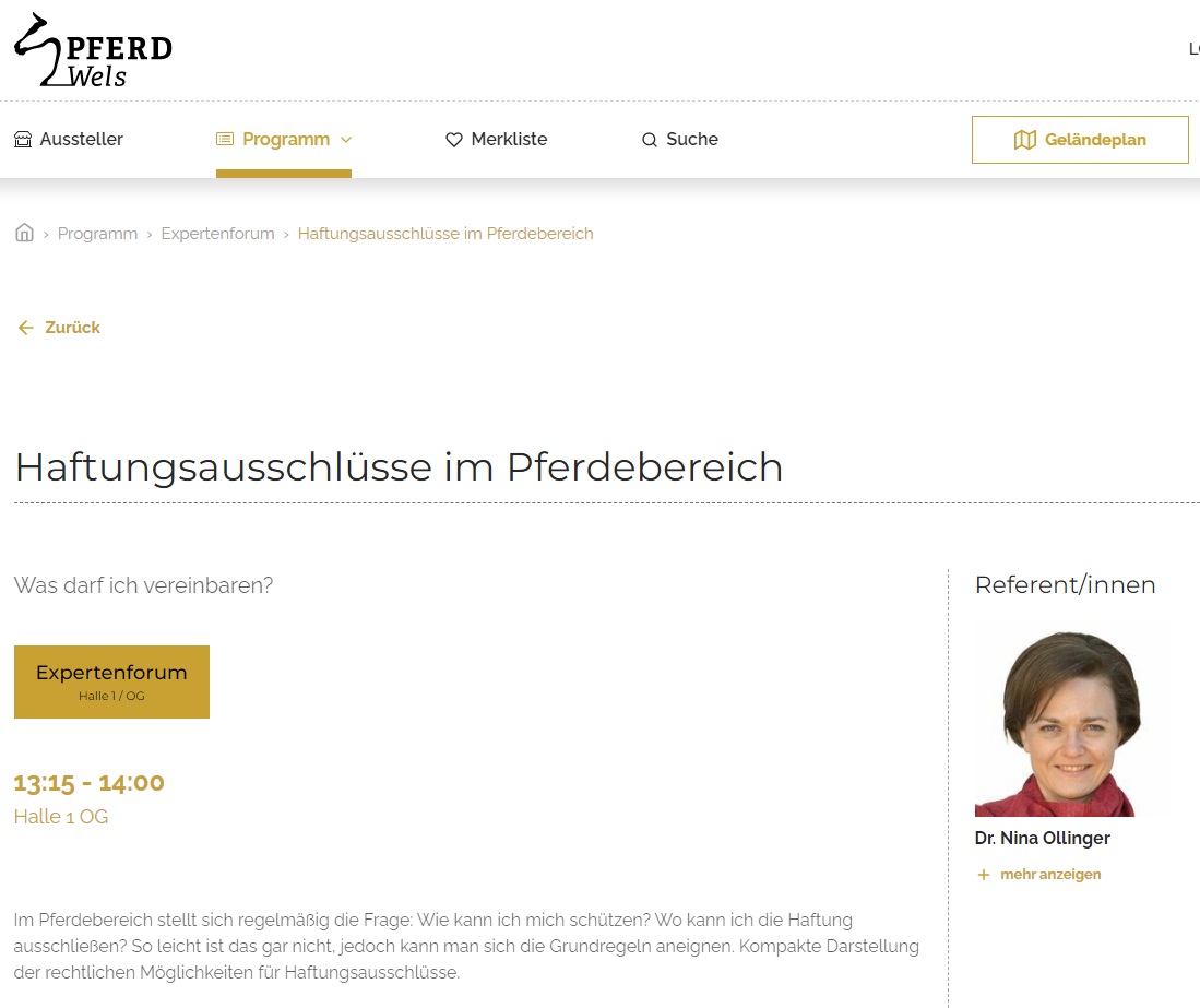 raollinger's tweet photo. Ich freue mich, als Pferderechtsanwältin Dr. Nina Ollinger auch heuer wieder einen Vortrag auf der PFERD Wels zu halten - diesmal mit dem Thema "Haftungsausschlüsse im Pferdebereich". Ich freu mich auf am Donnerstag 18.5. um 13:15!
https://t.co/SrpQJqPhts #pferdwels #pferdeanwalt https://t.co/Nia0B9MEGo