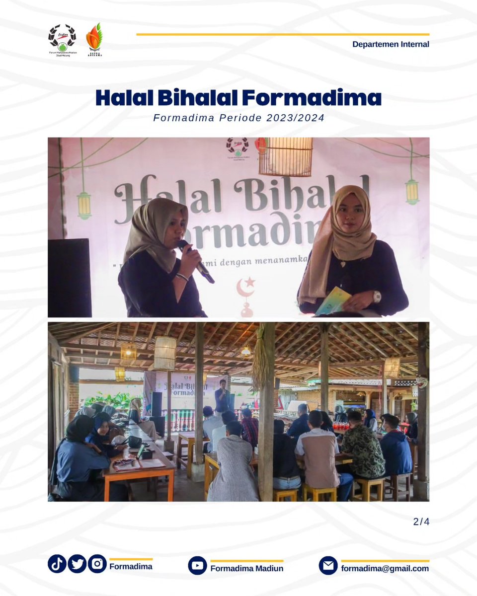formadima's tweet photo. 《HALAL BIHALAL FORMADIMA》

Halo Dhulur!!

Kemarin pada hari Sabtu, 6 Mei 2023 di Warung Parikaton Kabupaten Malang, Formadima telah melaksanakan Halal Bihalal. Halal Bihalal ini bertujuan untuk mengeratkan tali silahturahmi antar pengurus, anggota, dan alumni formadima✨ https://t.co/RxBflIPiWJ