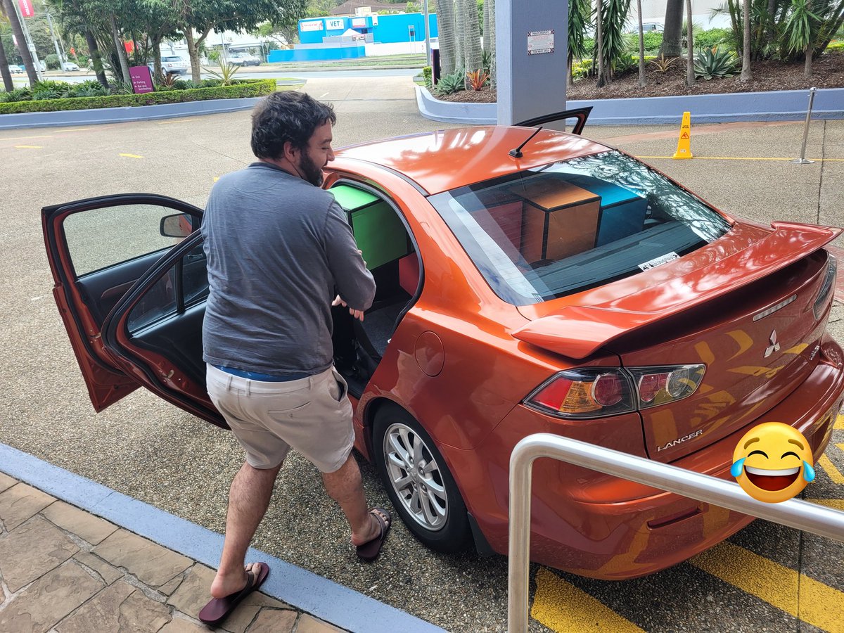 Luvtail's tweet photo. So freaking funny watching Rusty playing literal Tetris with his car! That last block didn't quite make it!! 😂 #Furdu2023 https://t.co/xdKSwBbgcy